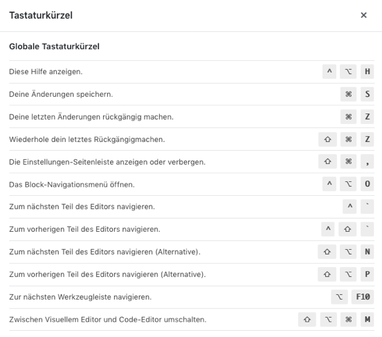 Gutenberg Editor Tastaturkürzel